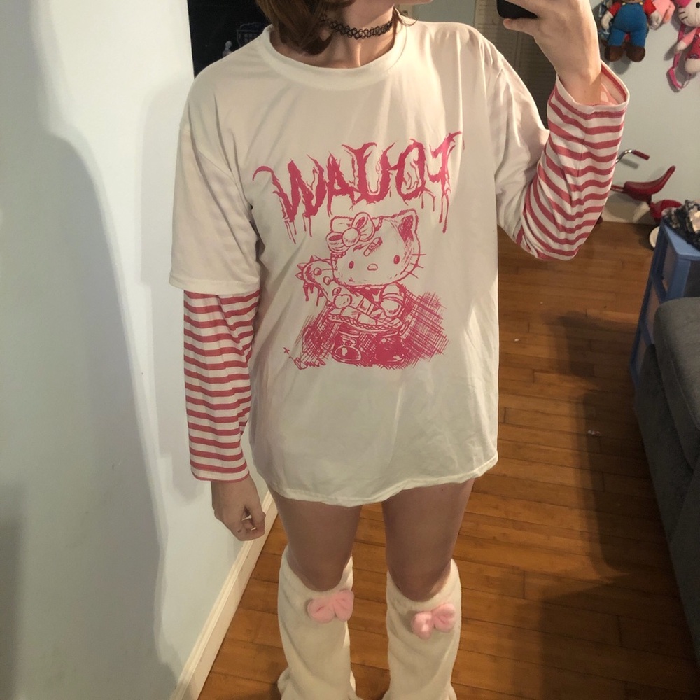 Hello kitty long sleeve shirt with pink and white striped sleeves